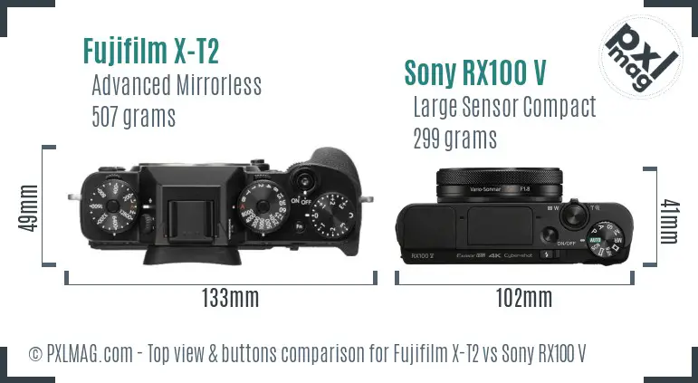 Fujifilm X-T2 vs Sony RX100 V top view buttons comparison