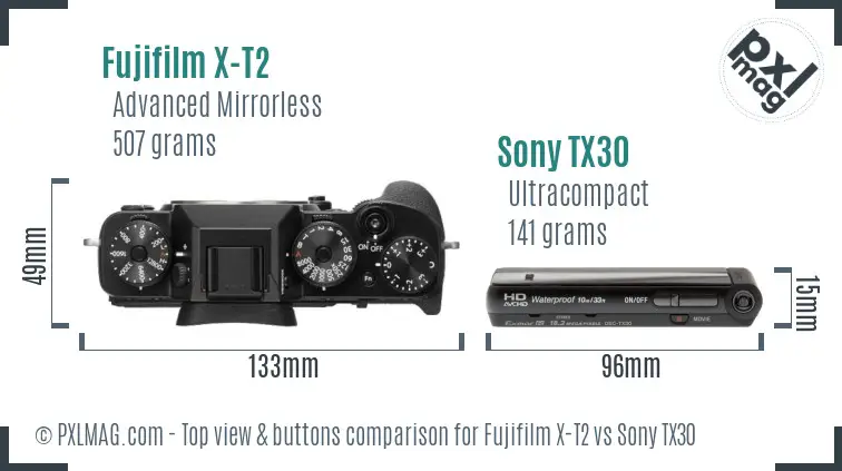 Fujifilm X-T2 vs Sony TX30 top view buttons comparison Fujifilm X-T2 vs Sony TX30 top view buttons comparison