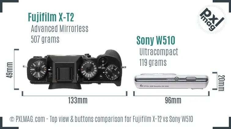Fujifilm X-T2 vs Sony W510 top view buttons comparison