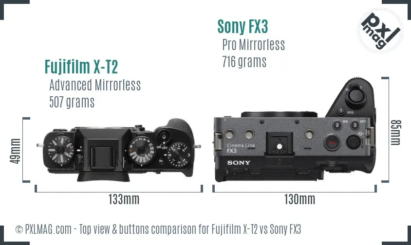 Fujifilm X-T2 vs Sony FX3 top view buttons comparison Fujifilm X-T2 vs Sony FX3 top view buttons comparison