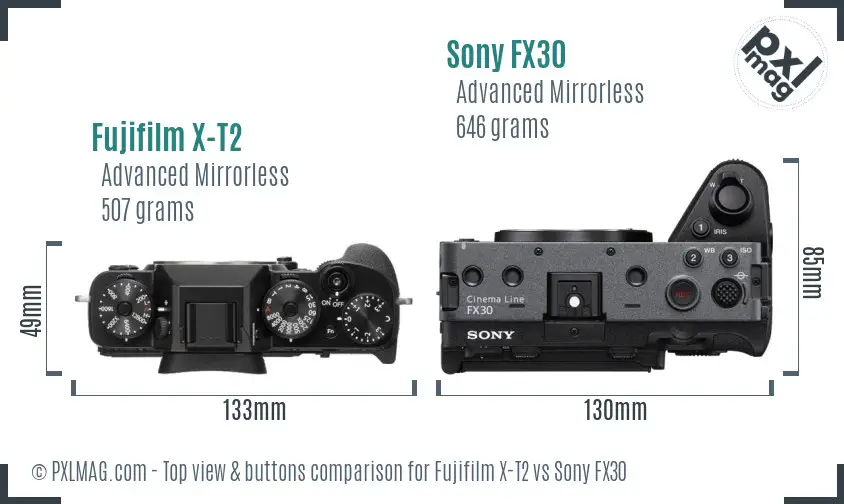 Fujifilm X-T2 vs Sony FX30 top view buttons comparison