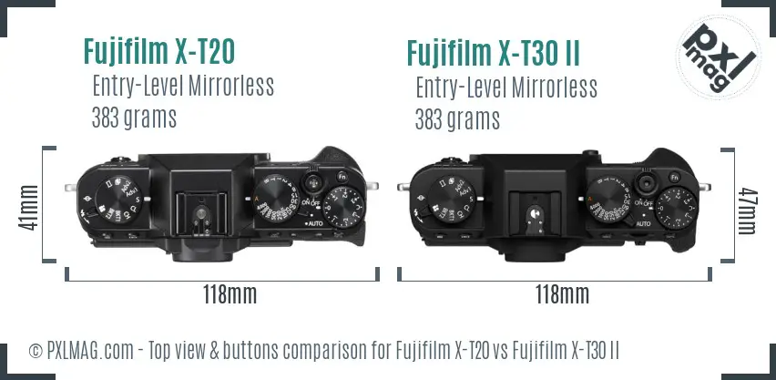 Fujifilm X-T20 vs Fujifilm X-T30 II top view buttons comparison