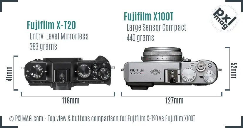 Fujifilm X-T20 vs Fujifilm X100T top view buttons comparison