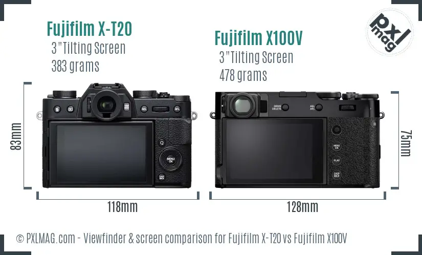 Fujifilm X-T20 vs Fujifilm X100V Screen and Viewfinder comparison