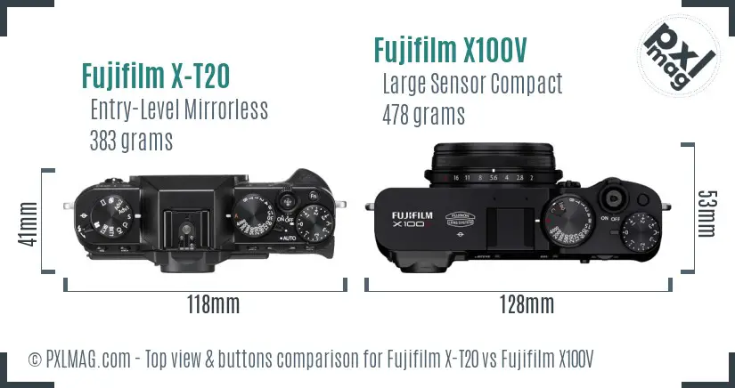 Fujifilm X-T20 vs Fujifilm X100V top view buttons comparison