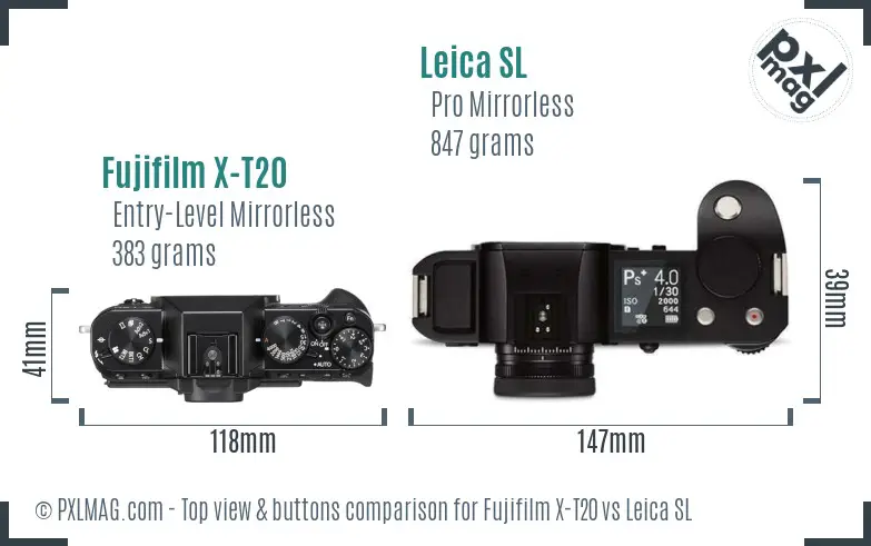 Fujifilm X-T20 vs Leica SL top view buttons comparison