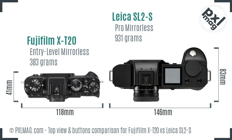 Fujifilm X-T20 vs Leica SL2-S top view buttons comparison