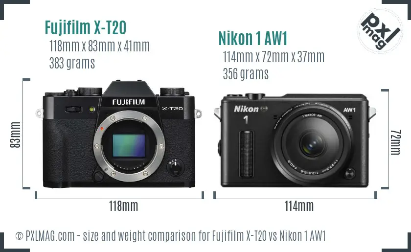 Fujifilm X-T20 vs Nikon 1 AW1 size comparison