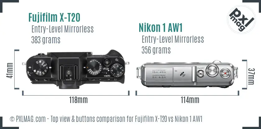 Fujifilm X-T20 vs Nikon 1 AW1 top view buttons comparison