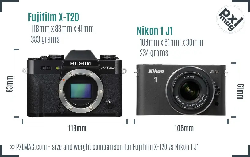 Fujifilm X-T20 vs Nikon 1 J1 size comparison