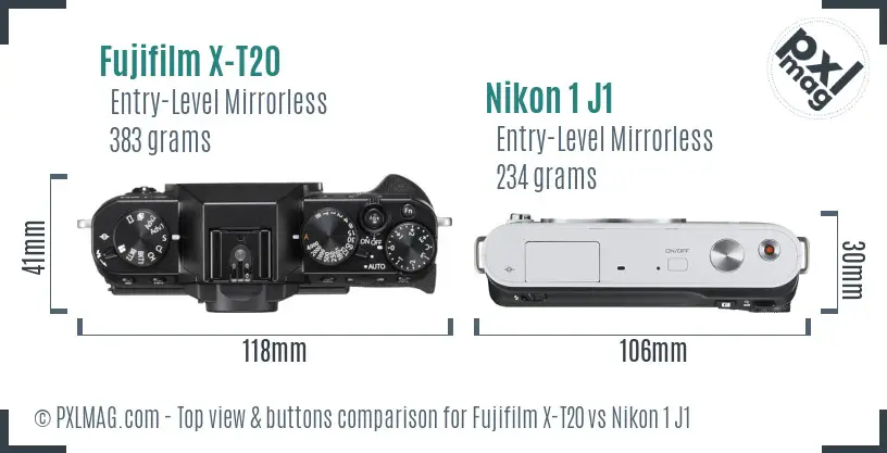 Fujifilm X-T20 vs Nikon 1 J1 top view buttons comparison