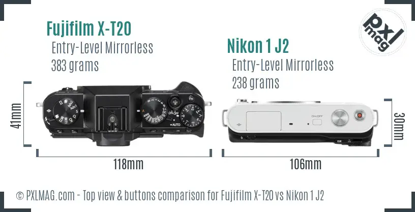 Fujifilm X-T20 vs Nikon 1 J2 top view buttons comparison