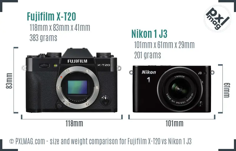 Fujifilm X-T20 vs Nikon 1 J3 size comparison