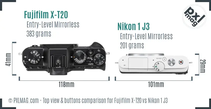 Fujifilm X-T20 vs Nikon 1 J3 top view buttons comparison