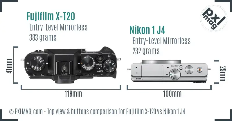 Fujifilm X-T20 vs Nikon 1 J4 top view buttons comparison