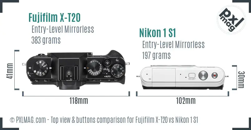 Fujifilm X-T20 vs Nikon 1 S1 top view buttons comparison