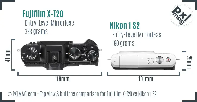 Fujifilm X-T20 vs Nikon 1 S2 top view buttons comparison