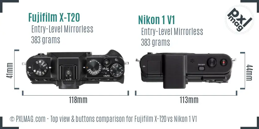 Fujifilm X-T20 vs Nikon 1 V1 top view buttons comparison