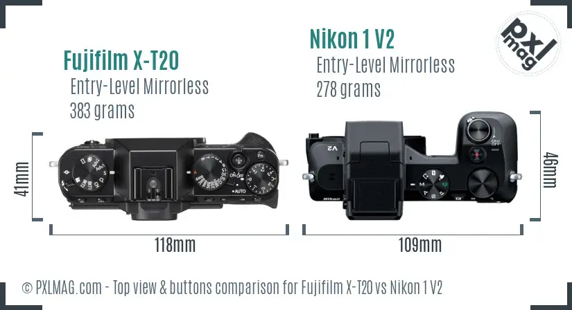 Fujifilm X-T20 vs Nikon 1 V2 top view buttons comparison