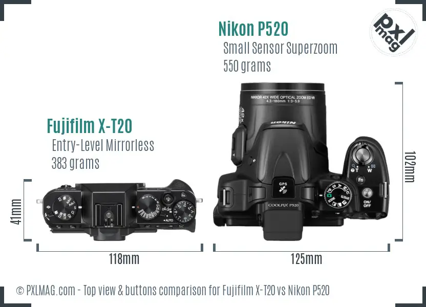 Fujifilm X-T20 vs Nikon P520 top view buttons comparison