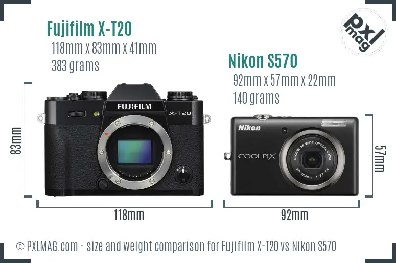 Fujifilm X-T20 vs Nikon S570 size comparison