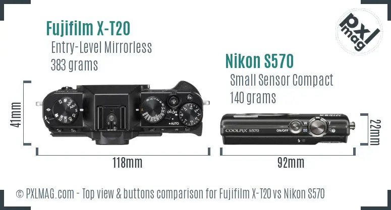Fujifilm X-T20 vs Nikon S570 top view buttons comparison