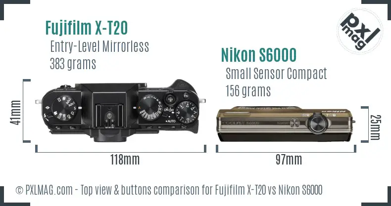 Fujifilm X-T20 vs Nikon S6000 top view buttons comparison