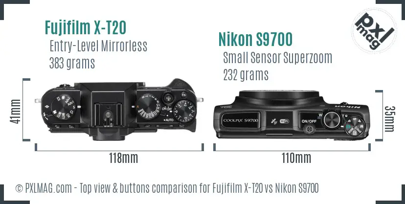 Fujifilm X-T20 vs Nikon S9700 top view buttons comparison