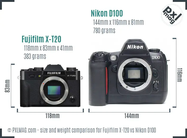 Fujifilm X-T20 vs Nikon D100 size comparison