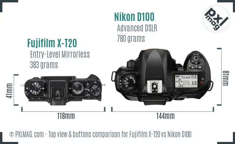 Fujifilm X-T20 vs Nikon D100 top view buttons comparison