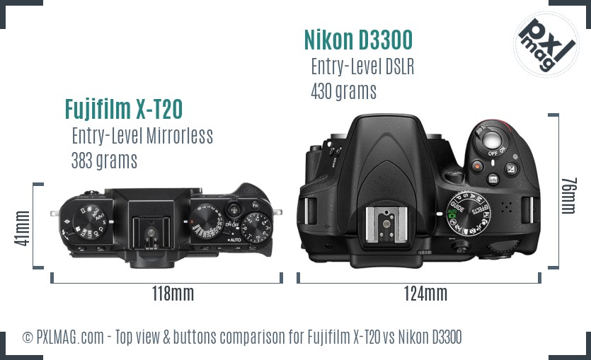 Fujifilm X-T20 vs Nikon D3300 top view buttons comparison