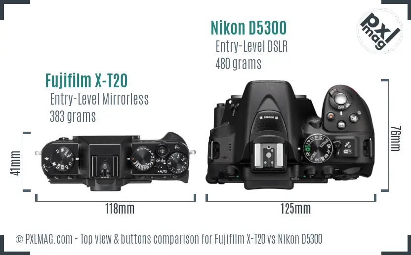 Fujifilm X-T20 vs Nikon D5300 top view buttons comparison
