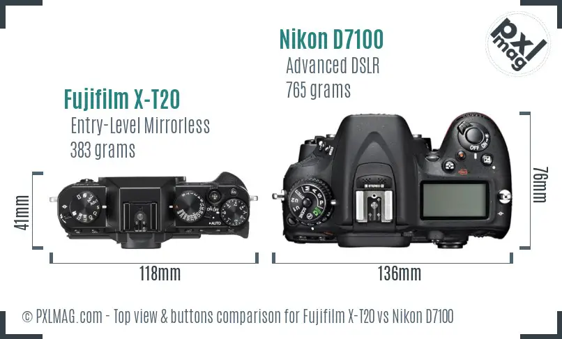 Fujifilm X-T20 vs Nikon D7100 top view buttons comparison Fujifilm X-T20 vs Nikon D7100 top view buttons comparison
