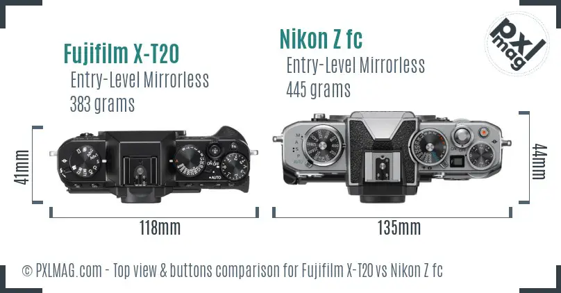 Fujifilm X-T20 vs Nikon Z fc top view buttons comparison