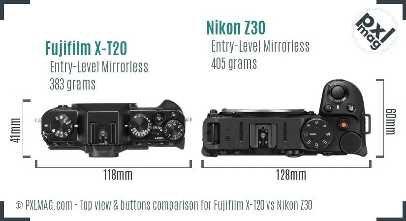 Fujifilm X-T20 vs Nikon Z30 top view buttons comparison