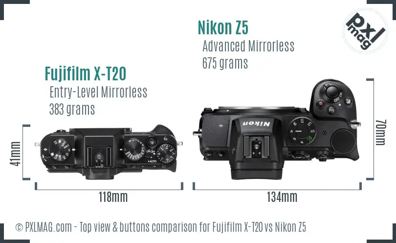 Fujifilm X-T20 vs Nikon Z5 top view buttons comparison