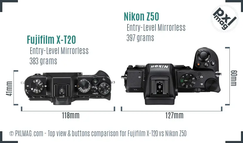 Fujifilm X-T20 vs Nikon Z50 top view buttons comparison