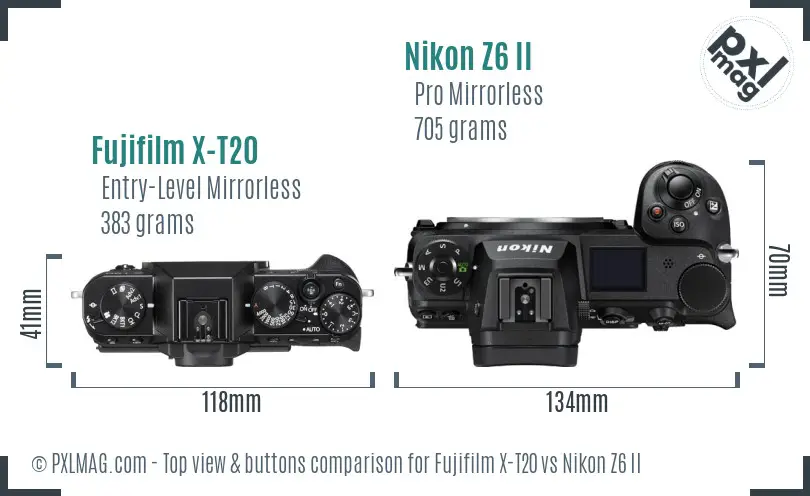 Fujifilm X-T20 vs Nikon Z6 II top view buttons comparison