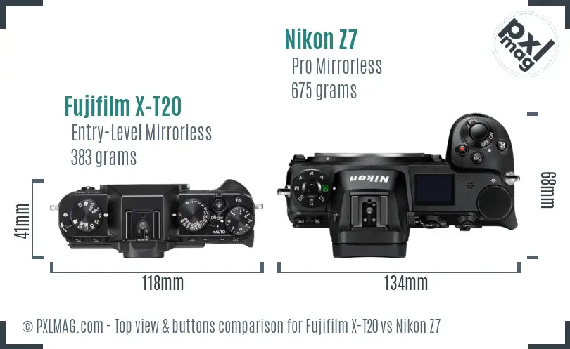 Fujifilm X-T20 vs Nikon Z7 top view buttons comparison