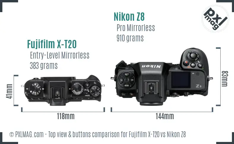 Fujifilm X-T20 vs Nikon Z8 top view buttons comparison Fujifilm X-T20 vs Nikon Z8 top view buttons comparison