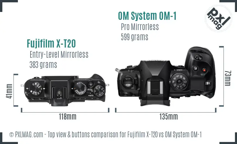 Fujifilm X-T20 vs OM System OM-1 top view buttons comparison