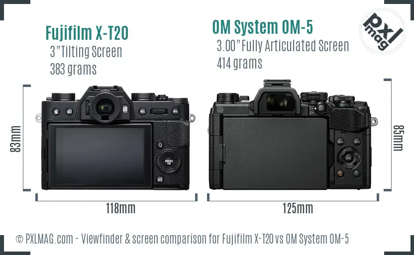 Fujifilm X-T20 vs OM System OM-5 Screen and Viewfinder comparison
