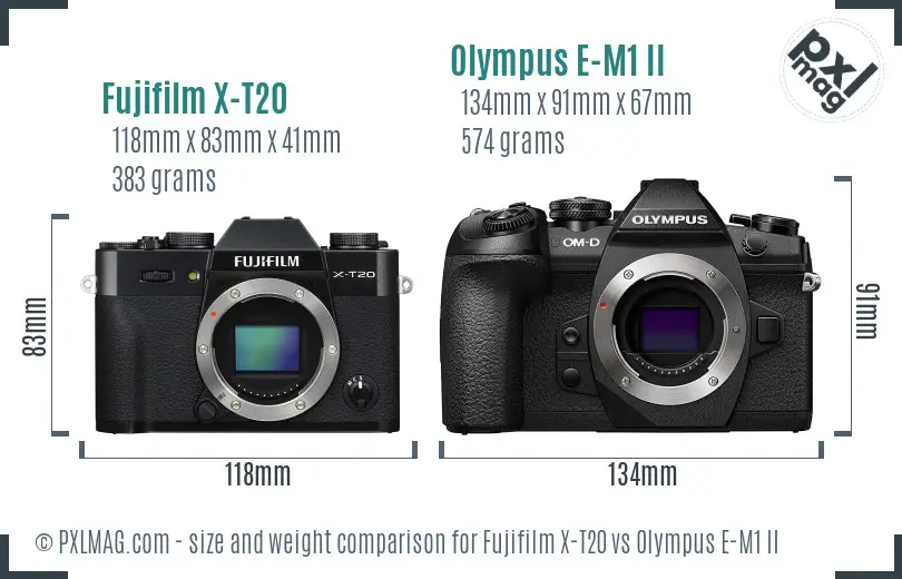 Fujifilm X-T20 vs Olympus E-M1 II size comparison