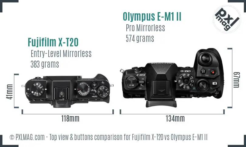 Fujifilm X-T20 vs Olympus E-M1 II top view buttons comparison