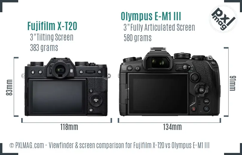 Fujifilm X-T20 vs Olympus E-M1 III Screen and Viewfinder comparison