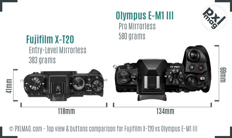 Fujifilm X-T20 vs Olympus E-M1 III top view buttons comparison