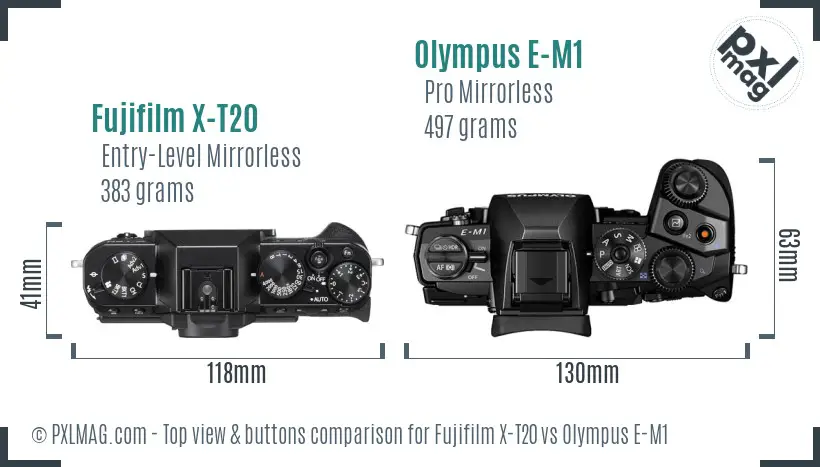 Fujifilm X-T20 vs Olympus E-M1 top view buttons comparison