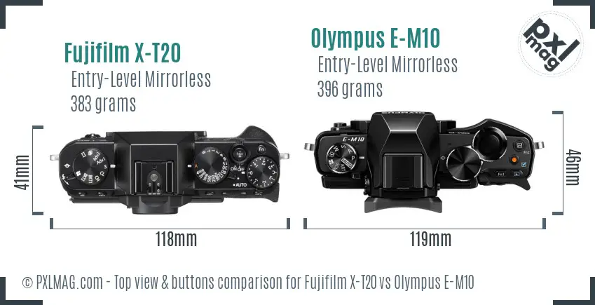 Fujifilm X-T20 vs Olympus E-M10 top view buttons comparison