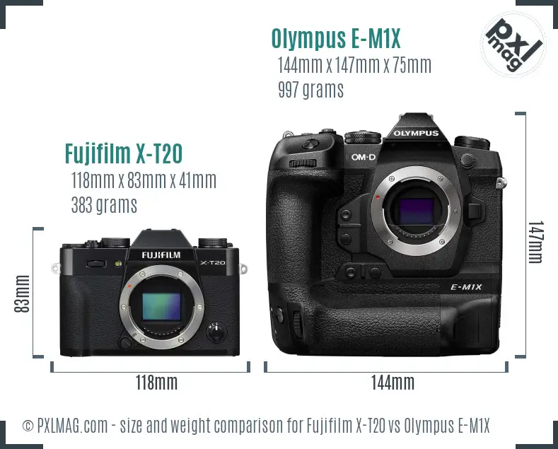 Fujifilm X-T20 vs Olympus E-M1X size comparison