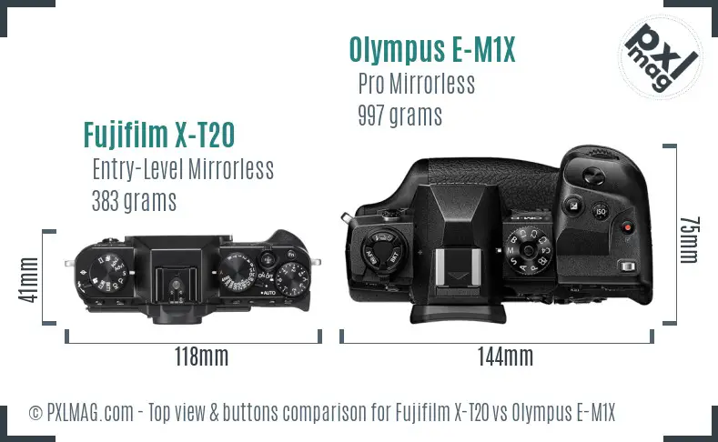 Fujifilm X-T20 vs Olympus E-M1X top view buttons comparison